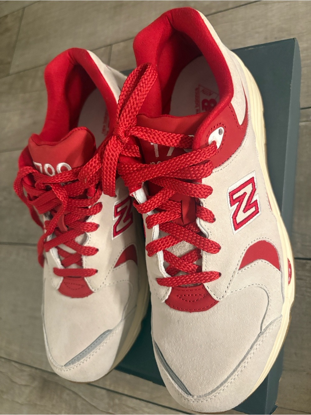 New Balance White and Red 1700-Style Sneakers